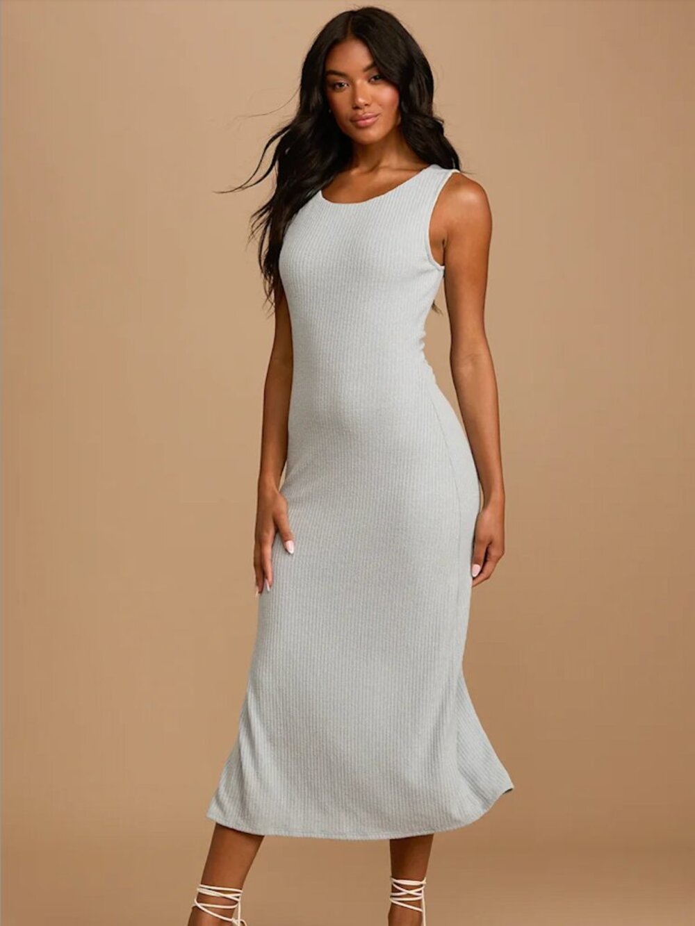 Lulu's Fabulous & Flirty Sage Blue Ribbed Twist-Back Midi Dress - Picture 2 of 7